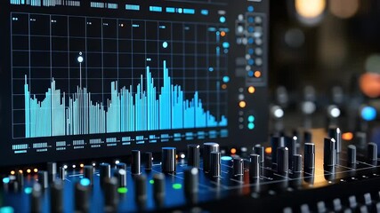 Close Up View Of Modern Audio Mixing Console Displaying Digital Waveform Analysis Against Dark Backdrop - Powered by Adobe