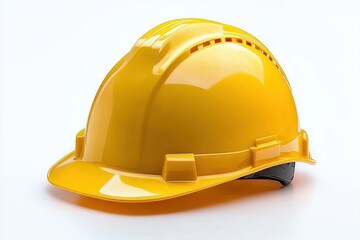Fototapeta premium Bright yellow construction safety helmet with ventilation slits isolated on white background