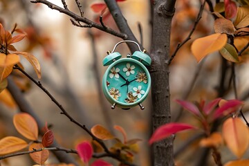 A floral clock hanging on a tree branch surrounded by colorful autumn leaves