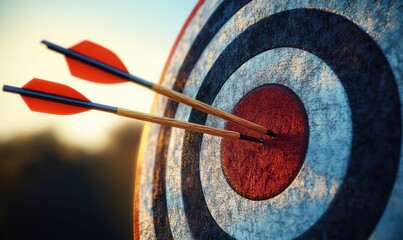 Close-up of two arrows hitting the bullseye on a textured archery target symbolizing precision and success in golden hour lighting