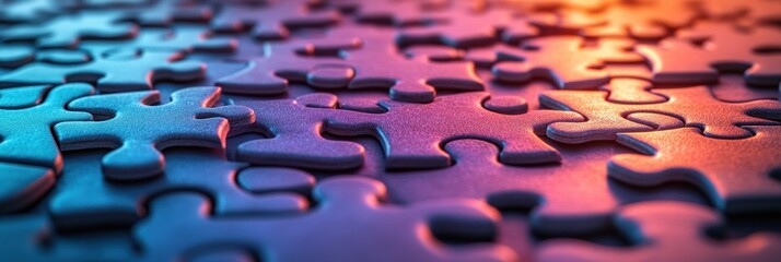 Close-up of interlocking jigsaw puzzle pieces under colorful ambient lighting with a smooth textured surface, evoking focus and calmness