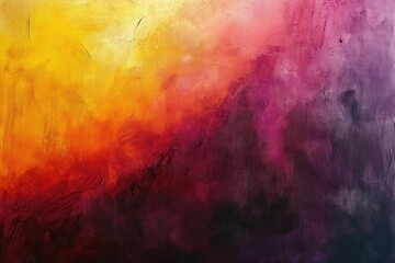 Fototapeta premium Abstract textured painting with vibrant blend of yellow, orange, red, purple, and dark shades conveying intense and dynamic emotions