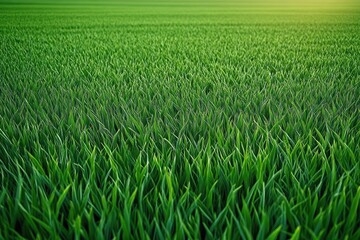 Close-up view of dense, vibrant green grass blades stretching into the horizon under soft sunlight creating a fresh and calm atmosphere