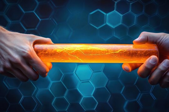 Two hands gripping a glowing orange cylindrical object with electric sparks inside against a blue hexagonal patterned background