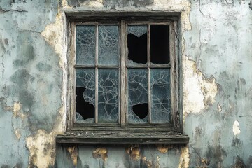 Old wooden window with multiple broken and cracked glass panes set in a weathered and peeling exterior wall conveying decay and abandonment