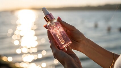 Woman holding pink serum bottle with dropper at sunset near the ocean water view