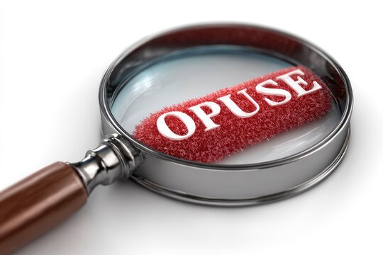 A magnifying glass focuses on the word OPUSE on a red textured surface