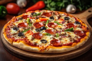 Delicious freshly baked pizza topped with pepperoni, sausage, black olives, green bell peppers, and melted cheese on wooden serving board