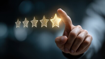 Finger selecting four stars for product/service. Highlights feedback, customer experience via illuminated stars on blurred background.