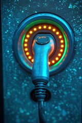 Close-up image of an electric vehicle charging plug with illuminated orange ring lights on a textured dark surface emitting a futuristic and technological feel