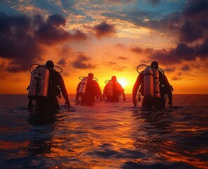Group of scuba divers entering the ocean at sunset with vibrant orange and purple sky reflecting on calm water, evoking adventure and tranquility