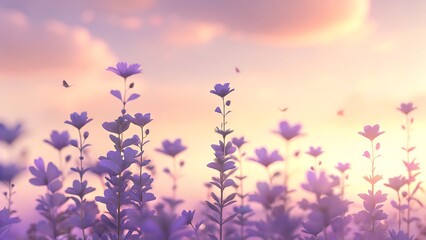 Field of purple flowers against a soft pastel sky with scattered butterflies