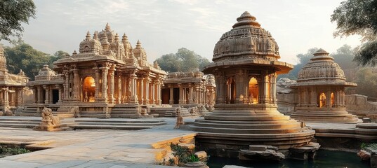 Ancient intricately carved stone temple complex illuminated by warm sunlight surrounded by trees and clear sky during peaceful daytime