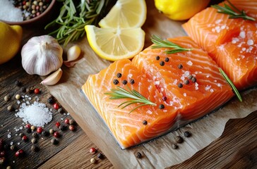 fresh raw salmon fillets seasoned with coarse sea salt, black peppercorns, and sprigs of rosemary, surrounded by garlic cloves, lemon slices, and mixed peppercorns on a wooden board