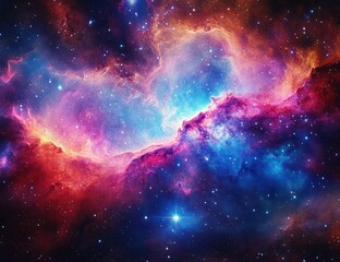 Vibrant colorful cosmic nebula with glowing stars and swirling clouds of gas in deep space, evoking a sense of wonder and vastness