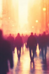 Blurry silhouettes of people walking on a city street during a warm, glowing sunset creating a calm and reflective atmosphere