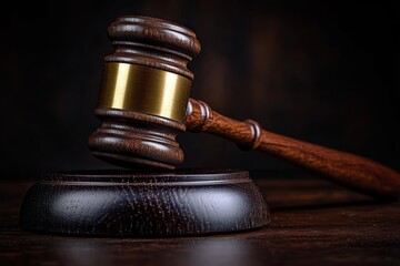 close-up of a judge’s wooden gavel with a golden band resting on a matching sound block against a dark background conveying authority and justice