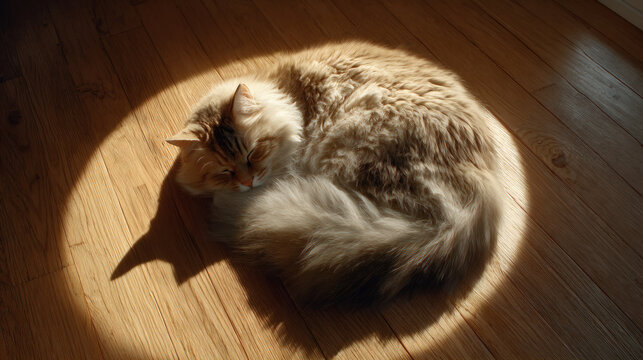 A cat sleeping peacefully in a patch of sunlight.	A cute cat is curled up and sleeping soundly in a warm patch of sunlight on a wooden floor, the picture of pure contentment.
 - Powered by Adobe
