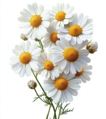 Obraz premium A bouquet of fresh white daisies with bright yellow centers on green stems against a white background, evoking purity and natural beauty