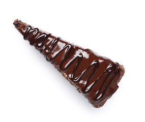 Piece of tasty chocolate cake isolated on white background, closeup