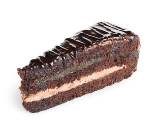 Piece of tasty chocolate cake isolated on white background, closeup