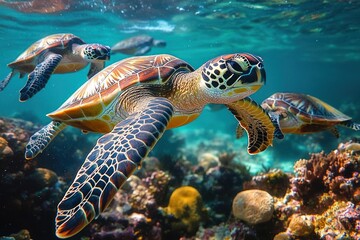 Fototapeta premium Group of vibrant sea turtles swimming gracefully underwater over a colorful coral reef in clear blue water