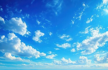 Bright blue sky filled with scattered fluffy white clouds creating a peaceful and expansive atmosphere
