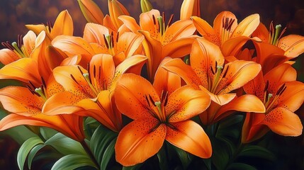 Fototapeta premium A vibrant bouquet of blooming orange lilies with detailed petals and green leaves creating a lively and warm floral arrangement