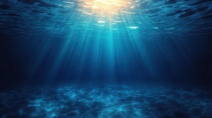Underwater scene with sunlight rays penetrating clear blue ocean water illuminating sandy seabed, creating serene and tranquil atmosphere