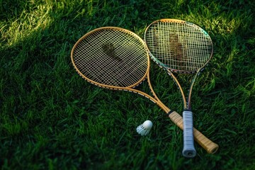 Two vintage wooden badminton rackets and a white shuttlecock lying on fresh green grass under natural sunlight conveying a calm and nostalgic outdoor sports moment