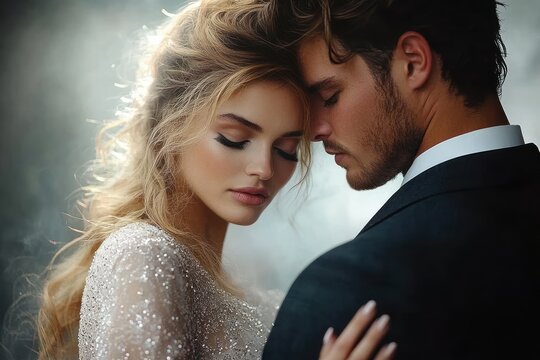 romantic close-up of a couple gently touching foreheads with closed eyes in a tender intimate moment