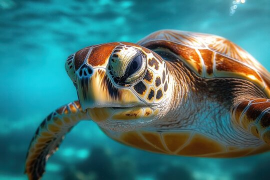 close-up of a sea turtle swimming underwater in clear blue ocean water with visible shell patterns and textured skin