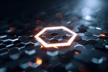 Glowing hexagon frame over dark hexagonal tiles creating a futuristic abstract background scene