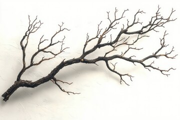 Dark dry tree branch with many thin twigs against white textured wall casting soft shadow