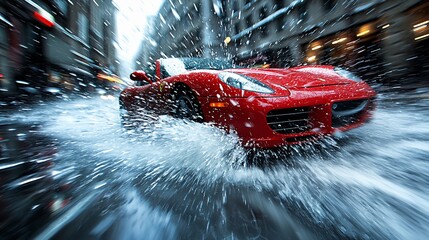 Red sports car splashing through puddles on city street in heavy rain