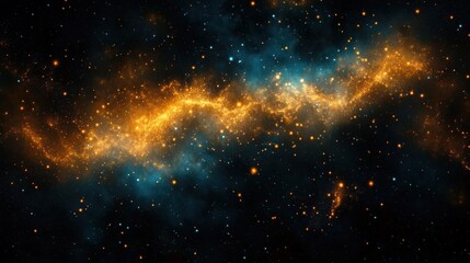 Naklejka premium Vibrant cosmic scene with glowing golden and blue nebulae scattered against a dark starry background evoking the vastness and mystery of outer space