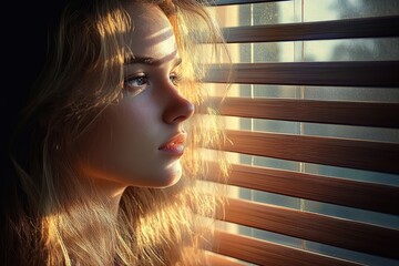 Young woman with blonde hair gazing thoughtfully out of a window with horizontal blinds, warm sunlight illuminating her face and hair