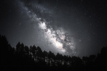Fototapeta premium Bright Milky Way galaxy shining over silhouette of pine tree forest at night with countless stars visible in dark sky