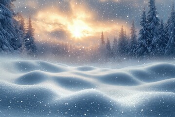 Naklejka premium Peaceful winter forest landscape with snow-covered ground and pine trees under a glowing sunrise with gentle falling snowflakes