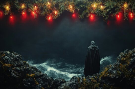 Mysterious hooded figure standing on rocky cliffs overlooking a dark stormy sea under festive pine branches with glowing red and yellow lights creating a contrasting eerie and peaceful atmosphere
