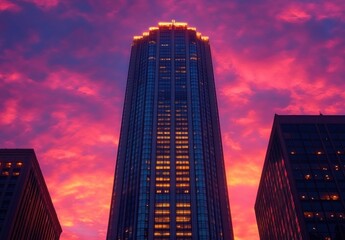 Tall modern skyscraper illuminated with warm lights stands against a vibrant pink and orange sunset sky, flanked by two other dark glass buildings, evoking a sense of urban beauty and tranquility.