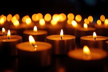 Close-up of multiple small lit candles burning softly in the dark with warm glowing flames creating a peaceful and calming atmosphere
