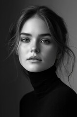 black and white portrait of a person wearing a dark turtleneck sweater with tousled hair against a plain background conveying a somber and introspective mood