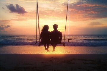 Silhouetted couple sitting side by side on a swing overlooking calm ocean waters at sunset with vibrant orange and purple sky