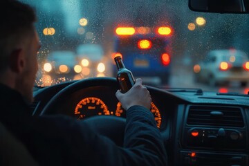 Man holding a bottle while driving car in rainy traffic with blurred brake lights ahead, creating a tense and unsafe atmosphere