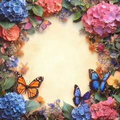 Colorful border of pink, orange, and blue flowers with vibrant orange and blue butterflies on a textured parchment background, evoking a serene and natural atmosphere