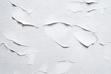 Close-up of peeling white paint on textured wall surface showing irregular curling flakes and rough background
