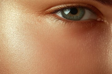 Close-up of a green eye with detailed natural skin texture and warm lighting highlighting fine skin pores