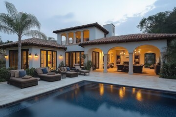 Luxurious Mediterranean style villa at dusk with illuminated outdoor living area, comfortable lounge chairs, palm trees, and a reflective swimming pool