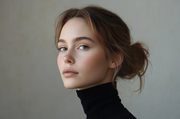 woman with loosely tied messy bun hairstyle wearing black turtleneck sweater against plain light background suggesting calm and introspective mood
